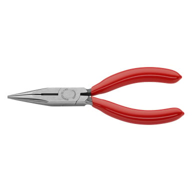 Knipex Long Nose Pliers 25 01 140 SB har spisse, taggete kjever og røde buede håndtak, egnet for å gripe små gjenstander.