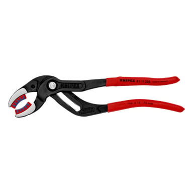 Svart og rød Knipex vannpumpetong 81 11 250 SB med taggete kjever, justerbar glideskjøt, mål og KNIPEX-logo.