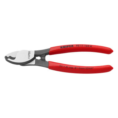 Knipex kabeltang, modell 95 11 165 A SB, med røde håndtak og metallkuttehode som viser merkenavnet.
