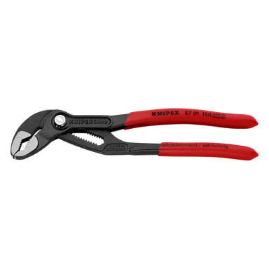 Knipex Cobra vannpumpetang, modell 87 01 180, med røde grep, svart justerbar kropp, taggete kjever og selvlåsende funksjon.