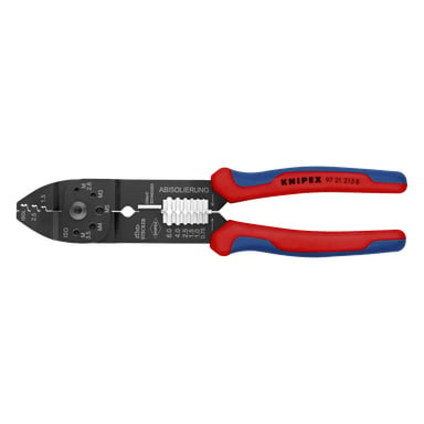 Knipex Crimping Tang 97 21 215 B SB med røde og blå håndtak, merket for trådisolasjon og metriske skruer.