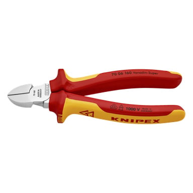 Knipex Side Cutting Niers 70 06 160 SB, czerwono-żółte izolowane, ostre szczęki, 1000V oficjalne, niemieckie z oznaczeniami na rękojeści.