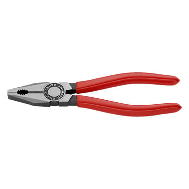Knipex Combination Pliers 03 01 180 SB med taggete kjever, hengselmarkeringer og røde håndtak vises delvis åpent.