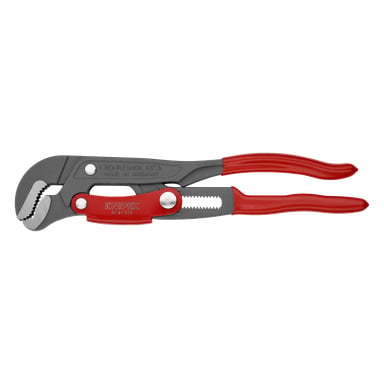 Knipex rørnøkkel 83 61 010 med røde isolerte håndtak, grå metallkropp, taggete kjever, glidende ledd; Merke på håndtaket.
