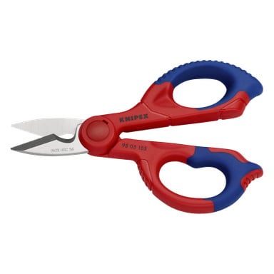 Knipex Electricians saks 95 05 155 SB har røde og blå håndtak og rustfrie stålblader merket INOX HRC 56.