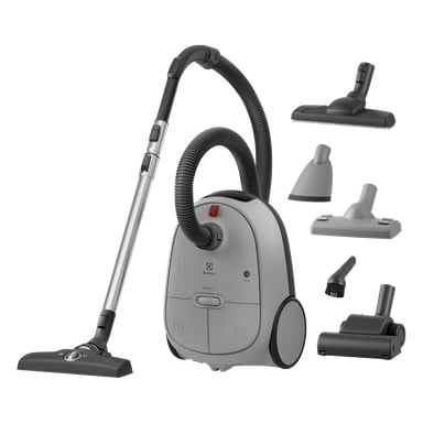 Grå Electrolux Animal 600 støvsuger med slange, metallstav og fem tilbehør: gulvhode, møbelverktøy, børste og dyser.