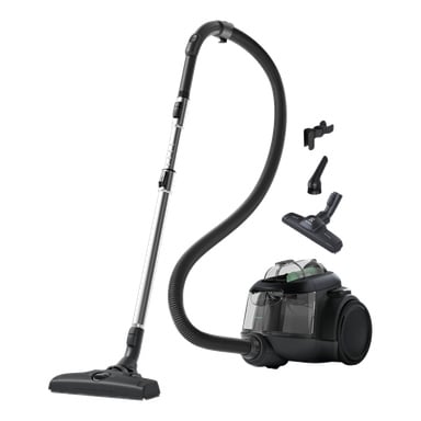 Black Electrolux Clean 600 EL61C2GRN poseløs støvsuger med gjennomsiktig støvbeholder, metallteleskoprør, fleksibel slange og tre dyser.