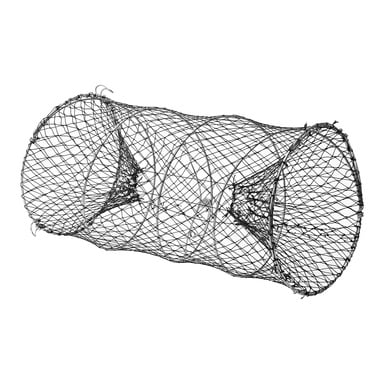 En cylindrisk Kayoba-kräftfälla gjord av trådnät, med avsmalnande ändar och trattformade öppningar på båda sidor, utformad för att fånga vattenlevande djur.