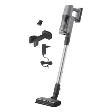 Electrolux Upright Vacuum 600 Clean EP61CB21UG med dammtunna, väggmontering, liten borste och laddningsadapter visas.