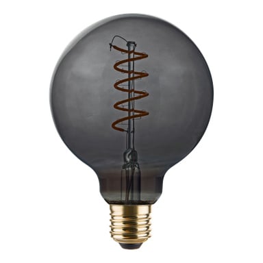 Anslut Dimmable Globe lampa LED har ett runt, rökigt grått utseende med synlig spiralglödtråd och metallisk skruvbas.