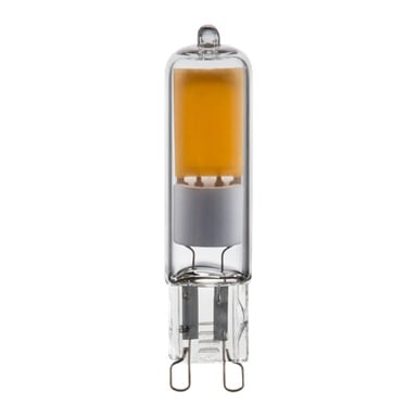Närbild på en Anslut Bi-pin LED-lampa med en klar cylindrisk kropp, exponerad gul-orange LED och två stift vid basen.