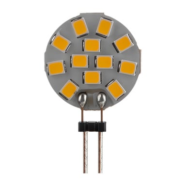 Närbild på Anslut Pin-lampan LED med tolv gula flisor på dess runda bräda och två metallstift som sträcker sig under.