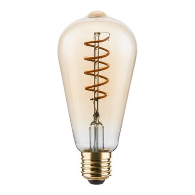 Anslut dimbar Edison LED-lampa med spiralglödtråd inuti klart droppformat glas och en mässingsskruvsockel.