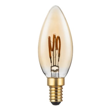 Żarówka LED Anslut Dimmable do żyrandola ma szklaną osłonę w kształcie świecy, bursztynowe włókno i złotą podstawę śrubową.