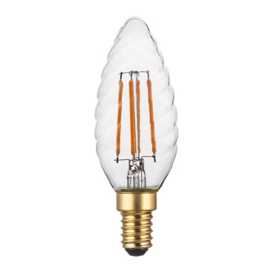 Anslut Dimmable ljuskrona LED-lampa har en klar, flamformad kropp med synlig glödtråd och en guldfärgad skruvbas.