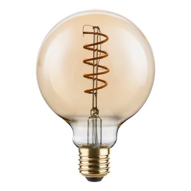 Anslut dimbar glob LED-lampa har en klar rund glaskropp, synlig spiralglödtråd och en mässingsskruvbas.