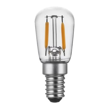 Den Anslut päronformade LED-lampan har synliga gula glödtrådar, en silverskruvbas och ett rundat klart glas.
