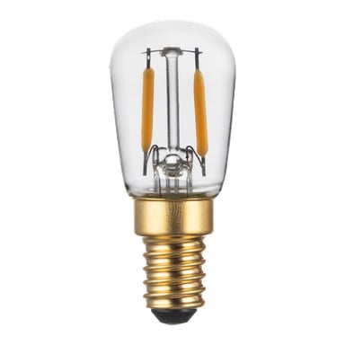 En närbild på den Anslut päronformade LED-lampan med klart glas, synlig glödtråd och en metallskruvbas.