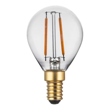Anslut Globe-lampan LED har en klar, rund glasdesign, en guldfärgad skruvbas och två orange LED-glödtrådar.