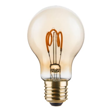 En dimmbar LED-pære fra Anslut med gjennomsiktig kropp, oransje glødetråd og gullskruebase.