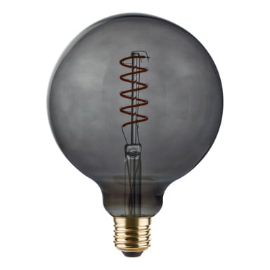 Anslut Dimmable Globe lampa LED har ett runt, rökigt grått utseende med synlig spiralglödtråd och mässingsskruvbas.