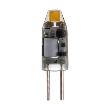 Närbild på Anslut Pin-lampans LED, som framhäver dess klara kapselform med synliga inre delar och två metallstift vid basen.