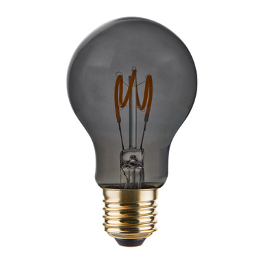 Anslut dimbar LED-lampa har en synlig glödtråd, svarttonat glas och en metallskruvbas.
