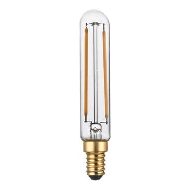 Anslut Dimmable tubformade LED-lampa har ett klart cylindriskt glas, en sockel med guldskruv och två orangea glödtrådar.