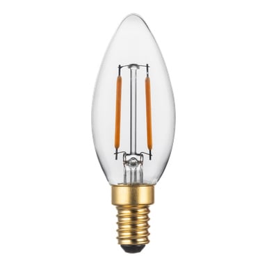Anslut LED-ljuskrona med klar, ljusliknande glasform, guldfärgad skruvbas och exponerade glödtrådar.