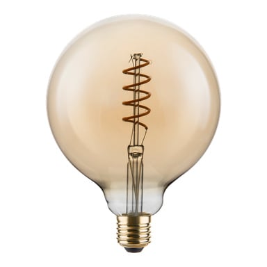En dimbar Anslut glob LED-lampa med en rund, klar glödlampa, synlig spiralglödtråd och en sockel till guld med skruv.