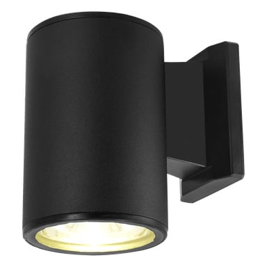 Svart, cylindrisk Anslut LED solcellsvägglampa med en nedåtriktad glödlampa på en rektangulär bas, som lyser underifrån när den är tänd.