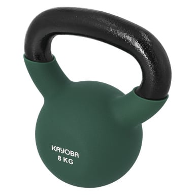 Eine grüne Kayoba-Kettlebell mit schwarzem Griff und der Aufschrift 8 kg.