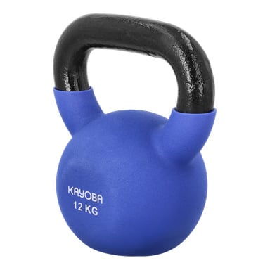 Blaue 12 kg schwere Kettlebell mit schwarzem Griff und der Markenname KAYOBA auf der Vorderseite in Weiß.