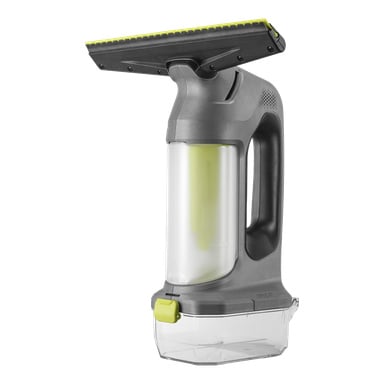 Ryobi One+ RWV18-0 vindusrenser med svart og grått karosseri, klar vanntank og gule detaljer på blad og knapp.