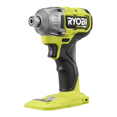 En Ryobi One+ HP Brushless slagdrivare RID18X1-0 står upprätt utan batteri anslutet.