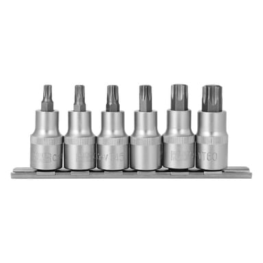 Zestaw 6 wierteł Meec Tools Torx z gwiazdkowymi końcówkami i cylindryczną podstawą, ustawionych na metalowym uchwytie do wkręcania śrub lub śrub.