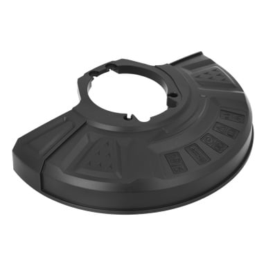 Svart plastbeskytter for en gressklipper med rundt midthull, hevede geometriske detaljer og støpte sikkerhetsvarslingssymboler.