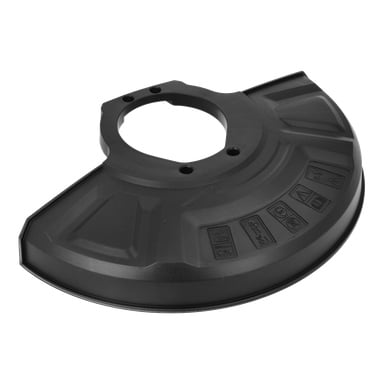 Svart, halvsirkelformet plasttrimmerbeskytter med midthull, monteringsspor og pregede sikkerhets-/instruksjonsikoner på overflaten.
