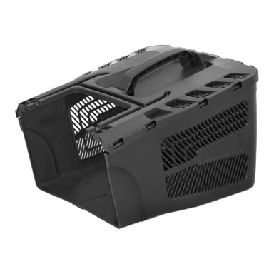 En svart plastgräsklippare med ventilationsribbor, ett övre handtag och en öppen front visas.