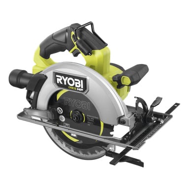Ryobi One+ HP sirkelsag RCS18X1-0 har et svart og sølvfarget blad, grønt og svart håndtak, og en sikkerhetsbeskyttelse.