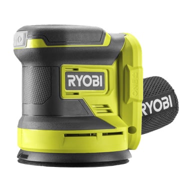 Ryobi One+ Eccentric sliper R18ROSN-0 i svart og grønt, med støvpose, begge med Ryobi One+ merkenavn.