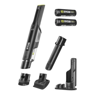 Ryobi USB Lithium håndholdt støvsuger RHV44-220G med to oppladbare batterier, tre tilbehør, ladestasjon og spalteverktøy.