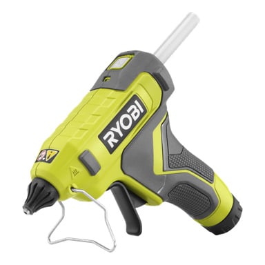 En Ryobi USB Lithium Battery limpistol (RGLU4-0) med grönt och svart hölje, metallstativ, bakre limstift och Ryobi-loggan.