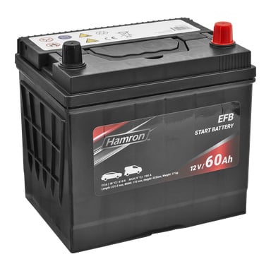 Svart Hamron EFB bilbatteri, røde og svarte terminaler, 12V 60Ah, side detaljert med trykte spesifikasjoner.