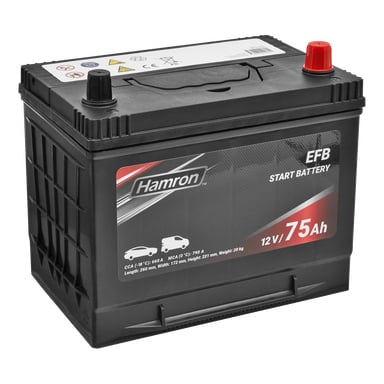 Svart Hamron EFB-bilbatteri med røde og svarte terminaler, merket 12V 75Ah, frontvisninger bil, varebilikoner og spesifikasjoner.