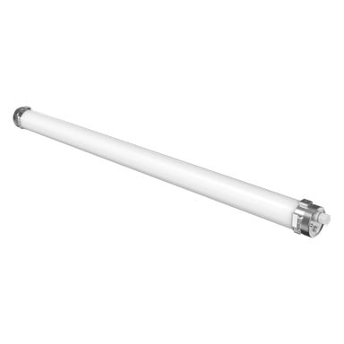 Anslut Industrial LED-lampan har en vit cylindrisk kropp med metalländkapslar och inkluderar monteringsbeslag.