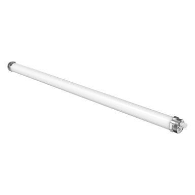 Anslut Industrial LED-armaturen har en slank vit cylindrisk form med metalliska ändkapslar.