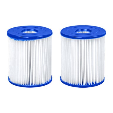 Das Bestway Pool Filter Cartridge (I) 2 Pack besteht aus zwei identischen zylindrischen Filtern mit blauen Enden und weißem plissiertem Material, nebeneinander.