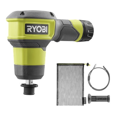 Ryobi USB Lithium Battery drain cleaner RDA4-0 i grønt og svart, vist med nettingpose, fleksibelt skaft og ekstra håndtakstilbehør.