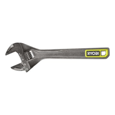 Ryobi RHAW200 Adjustable Spanner ma solidne metalowe korpusy, łuskę szczękową oraz czarno-żółtą rączkę z logo Ryobi.